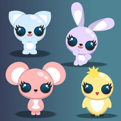 vector image of cartoon animals cat, chicken, hare and mouse in 3d