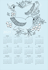 Calendar vector template for year 2023 with hand drawn with birds and berries on turquiose background