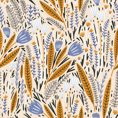 Seamless botanical pattern with hand drawn flowers, leaves. Blossom floral background. Perfect for fabric design, wallpaper, apparel. Vector illustration