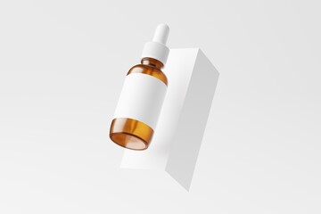 Amber Glass Dropper Bottle 3D Rendering White Blank Mockup