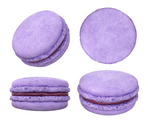 A set of purple macaroons from different angles on the side, top, front on a white background, 3d render