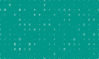 Seamless background pattern of evenly spaced white bonfire symbols of different sizes and opacity. Vector illustration on teal background with stars