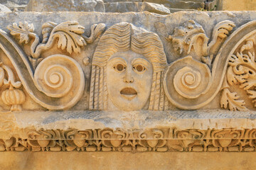 Ancient sculptures in the ruins of the acropolis in Demre in Turkey in the province of Antalya, the ancient city of Myra