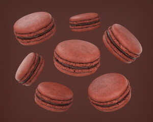 Flying chocolate macaroons on a brown background, 3d render