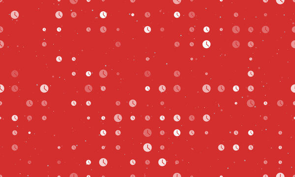 Seamless background pattern of evenly spaced white time symbols of different sizes and opacity. Vector illustration on red background with stars