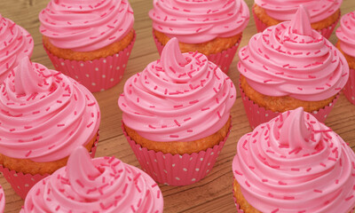 A set of cupcakes with pink cream on a wooden countertop, 3d render