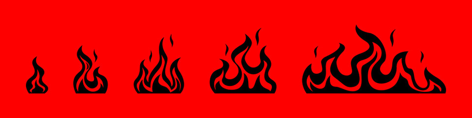 Black outline flames on red surface. Small red bonfire turning into fiery hell consequences of explosion blazing with raging vector flame
