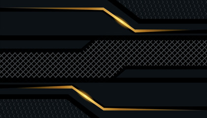 Modern black metallic luxury background with golden gold line and shiny golden light. Luxurious and elegant design. Vector illustration. Abstract template dark geometric diagonal background