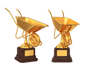 Set of golden trophies wheelbarrow on a white background, 3d render