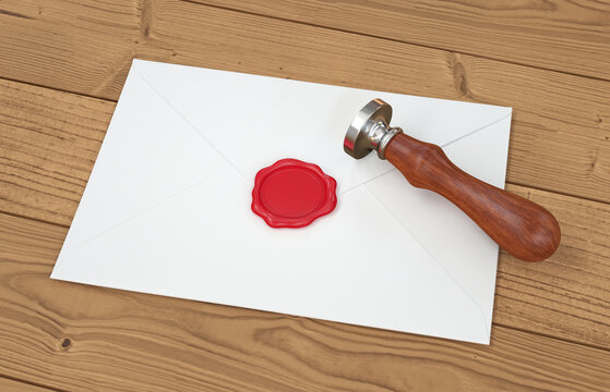 White envelope with red seal and stamp on wooden background, 3d render