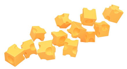 Falling yellow cheese cubes, 3d render