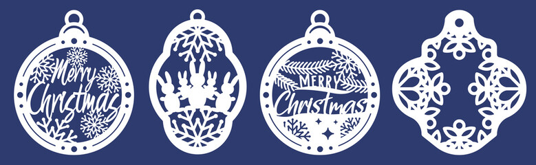 Set of laser cutting template of Christmas figured balls with snowflakes and and rabbits. Merry Christmas tree decoration for paper cut out. Vector illustration on blue background.