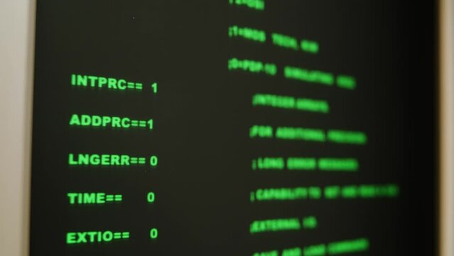 Retro pc with loading code console, programmer making scripts, green basic screen, Old computer studio close-up, Desktop vintage retro wave display, late 90s PC.