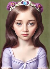Naklejka premium Little princess girl with flower tiara in her hair. Purple dress. Beautiful. Fantasy art, digital painting with custom trained AI models.