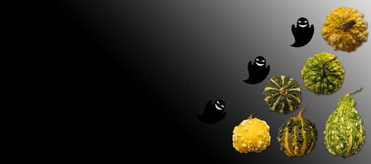 Halloween. Variation of various type of halloween and decorative colouful pumpkins with ghosts and bats around.