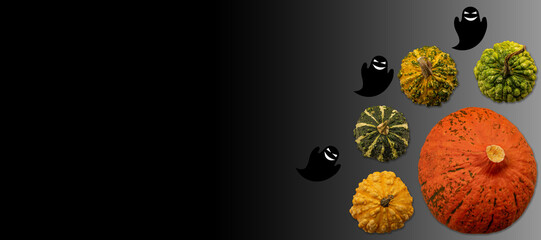 Halloween. Variation of various type of halloween and decorative pumpkins with ghosts and bats around.