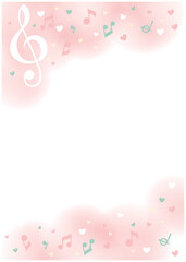 音楽フレーム　かわいい ファンシーなピンク　ハート　ト音記号　八分音符　縦型　コンサートチラシ