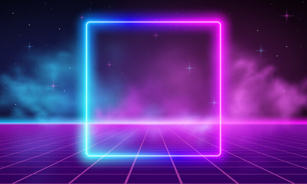 Retro background futuristic landscape 1980s style. Digital retro landscape cyber surface. 80s party background . Retro 80s fashion Sci-Fi Background Summer Landscape. Glowing neon pink square in fog