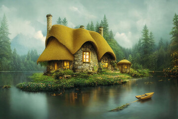 Fairytale cottage on a lake border in a beautiful woodland, digital art made with generative AI