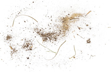 Dirt, soil dust, dry grass isolated on white background, top view