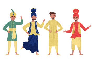 Indian Man Character in National Dress and Turban Waving Hand and Standing Vector Set