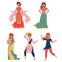 Obraz na płótnie Canvas Indian Woman Character in National Saree Dress Dancing and Standing Vector Set