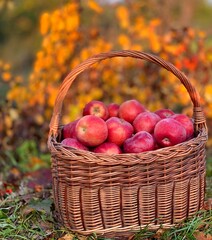 Organic Apples in a Basket. Autumn background. Harvest season concept. Organic apples close up for fresh juice.