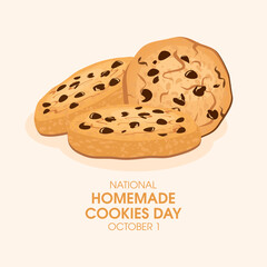 National Homemade Cookies Day vector. Pile of chocolate chip cookies icon vector. Homemade sweet cookie drawing. October 1. Important day