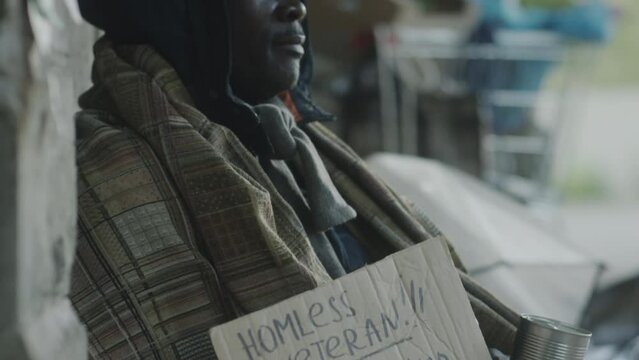 Tilt up shot of African American homeless beggar sitting on street with cardboard sign and metal can and posing for camera