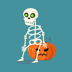 Cute skeleton sits on a pumpkin with a carved face. Vector graphic. Happy Halloween.