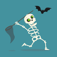 Cute skeleton catches a bat. Vector graphic. Happy Halloween.