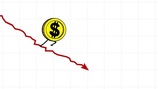 Dollar rate still goes down seamless loop. Walking down coin. $ character falling down fast. Funny business cartoon.