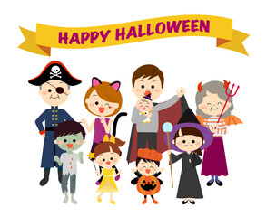 ハロウィン仮装をする家族