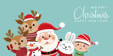 Fototapeta premium Merry Christmas and happy new year 2023 greeting card with cute Santa Claus, snowman, rabbit and bunny. Holiday cartoon character in winter season. -Vector