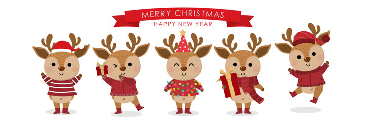 Obraz na płótnie Canvas Cute deer, reindeer in winter costume with red gift. Merry Christmas and happy new year greeting card. Animal holidays cartoon character set.