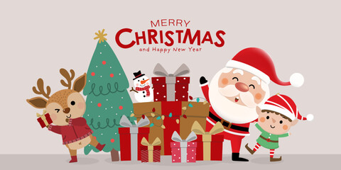 Merry Christmas and happy new year 2023 greeting card with cute Santa Claus, little elf, snowman, xmas tree  and deer. Holiday cartoon character in winter season. -Vector