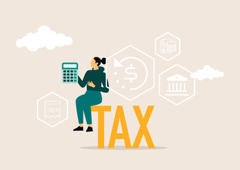 woman accountant calculates and completeness individual income tax returns online for tax payment. Government, state taxes. Data analysis, paperwork, financial research, report.