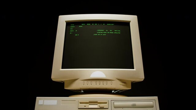 Retro pc with loading code console, programmer making scripts, green basic screen, Old computer studio close-up, Desktop vintage retro wave display, late 90s PC.