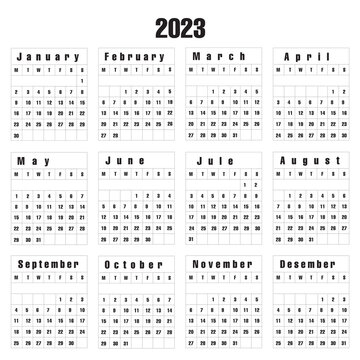 black and white calendar 2023 on a white background. vector illustration.