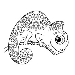 Coloring book for children. Cute chameleon in zentangle style. The task for children can be used in a book, magazine. Vector illustration