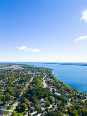 Down town barrie Drone views  Beginning of fall  blue skies and clouds 