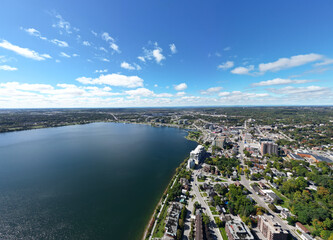 Down town barrie Drone views  Beginning of fall  blue skies and clouds 