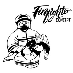 firefighter, rescuer carries child in his arms, girl is unconscious, saves person from disaster, trouble, emergency. Dangerous work. Stressful situation, danger to life. doodle style