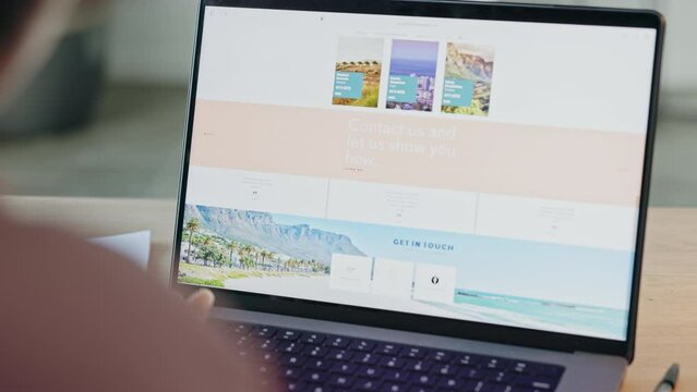 A woman reading influencer travel blog, planning holiday on laptop and booking a vacation location online. Costa Rica, Brazil and Puerto Rico are popular tropical getaway options for tourists