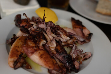 Close-up of the squid and seafood dish in the restaurant, appetino
