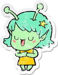 distressed sticker of a happy alien girl cartoon