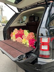 wedding bouquet in the car