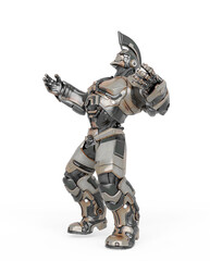 war ready robot is roaring and also looking up on side view