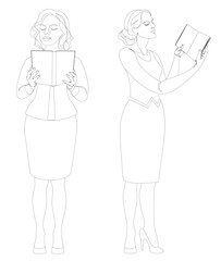 Collection. Girls silhouettes in modern single line style. Woman teacher reads a book. Continuous line, decor outline, posters, wall art, stickers, logo. Vector illustration set.