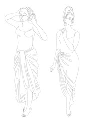 Collection. Silhouette of a beautiful girl. Lady in a turban and national clothes. Woman in modern one line style. Solid line, decor outline, posters, stickers, logo. Vector illustration set.